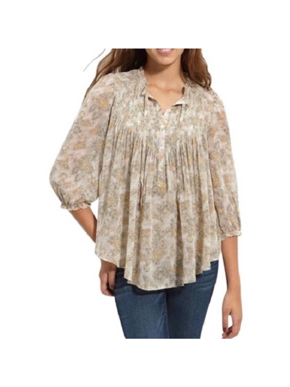 NEW NORDSTROM SUSINA Cream Beige Floral Pintuck Ruffle Peasant Blouse Shirt S